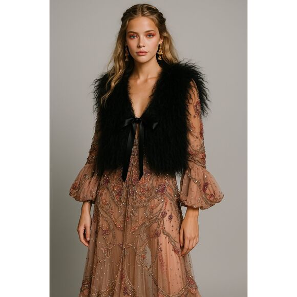 Chaarm NY Tibetan Mongolian Lamb Fur Vest Satin Ribbon XS/S Crop Boho Glam Rock - Picture 2 of 16